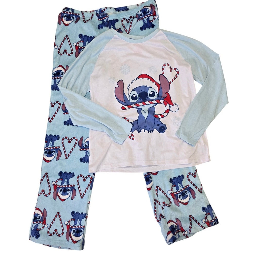 Disney Stitch Pajama Set Womens XL/L top Blue Fleece Christmas Lilo Sleepwear
